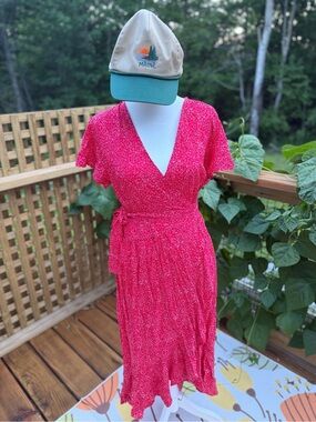 Red Confetti Print Wrap Midi Dress - Size S (Gently Worn) *HAT NOT INCLUDED*